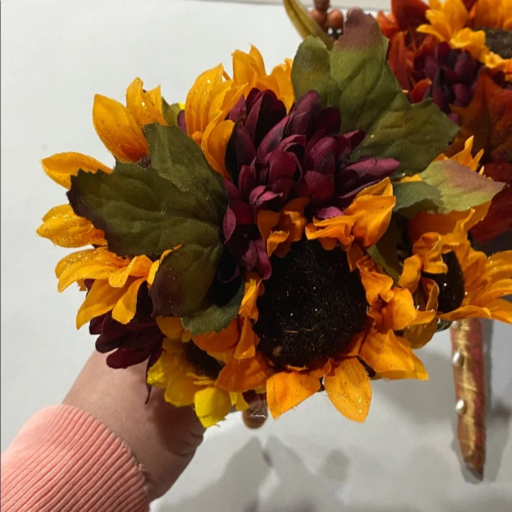 Sunflower and Berry wedding Bouquet fall Autumn Colors faux floral arrangements